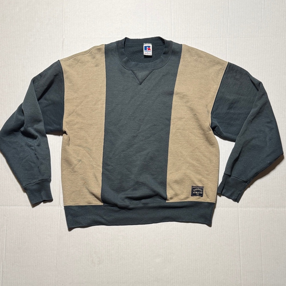 Russell Athletic Vintage Crewneck Sweatshirt Forest Green Tan Colorblock Large‎